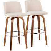 Toriano 30" Swivel Bar Stool in Walnut Wood & Cream Noise Fabric with Chrome Footrest (Set of 2)